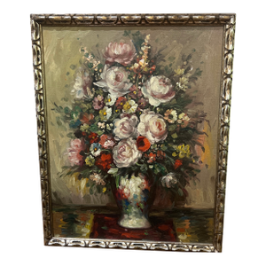 Oil on Canvas American School Floral Still Life Framed Signed Made in 1950