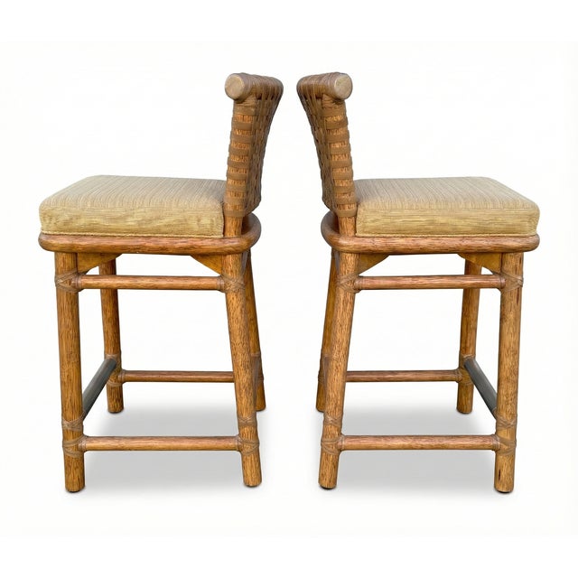 Contemporary Pair of Vintage McGuire Woven Rattan and Rawhide Counter Height Bar Stools For Sale - Image 3 of 7