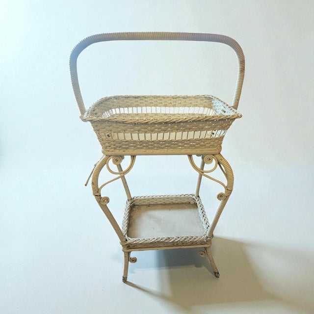 Victorian Vintage 1940s Wicker 2-Tier Plant Stand / Sewing Basket – Victorian Coastal Cottage For Sale - Image 3 of 5