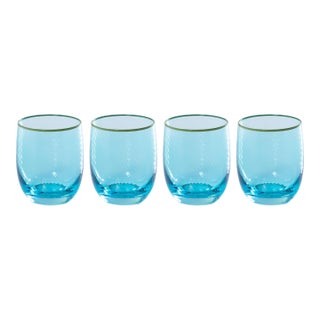 Sicilian 4-Piece Swirl Glass Tumbler Set, Sea Blue with Green Lip Wrap For Sale