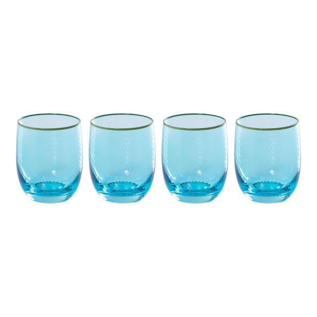 Sicilian 4-Piece Swirl Glass Tumbler Set, Sea Blue with Green Lip Wrap For Sale