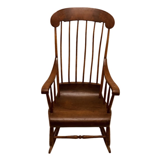Classic Antique Primitive American Mahagony Spindle Back Rocking Chair For Sale