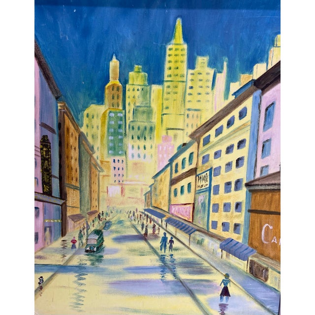 1970s Whimsical Mid-Century Modern Cityscape Painting in Lavender Frame For Sale - Image 9 of 11