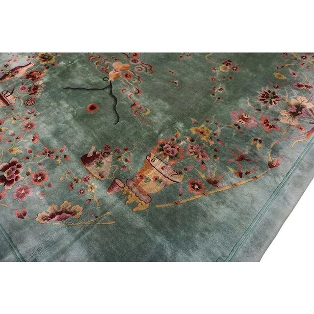 1920s Green Vase Floral Antique Chinese Art Deco Carpet 8'6" X 11'4" Knotted Wool Rug For Sale - Image 9 of 15
