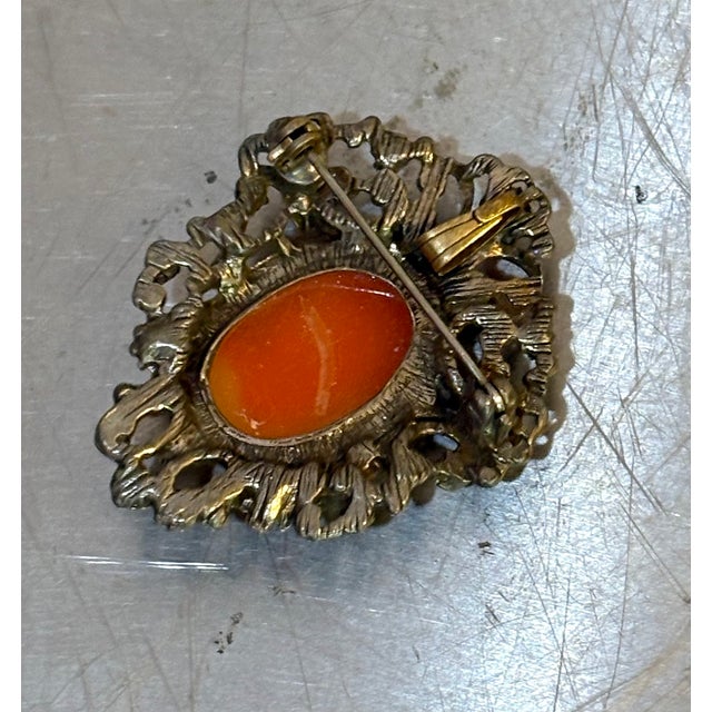 Antique Silver Tone & Coral Cameo Brooch For Sale - Image 4 of 4