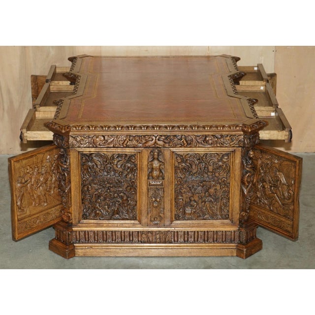Victorian Museum Quality Victorian Walnut Partner Desk With 17th-Century Carved Panels For Sale - Image 3 of 18