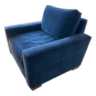 Restoration Hardware Navy Blue Velvet Oversized Track-Arm Lounge Chair For Sale
