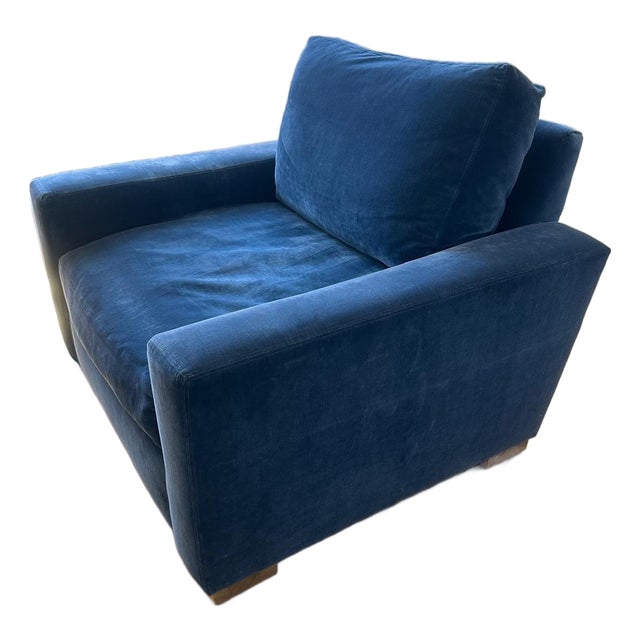 Restoration Hardware Navy Blue Velvet Oversized Track-Arm Lounge Chair For Sale
