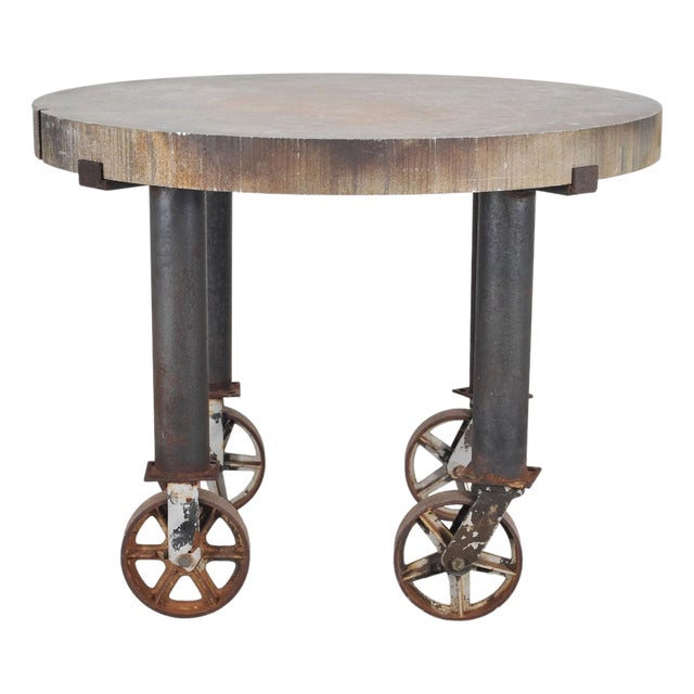 Industrial Style Round Machined Iron Center Table on Casters For Sale