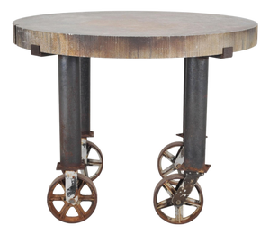 Industrial Style Round Machined Iron Center Table on Casters