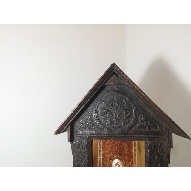 Blue Maison De Cluny, Devotional Shrine Grand Tour Madonna of the Olives, 19th Century, Ceramic, Cow Leather & Walnut For Sale - Image 8 of 14