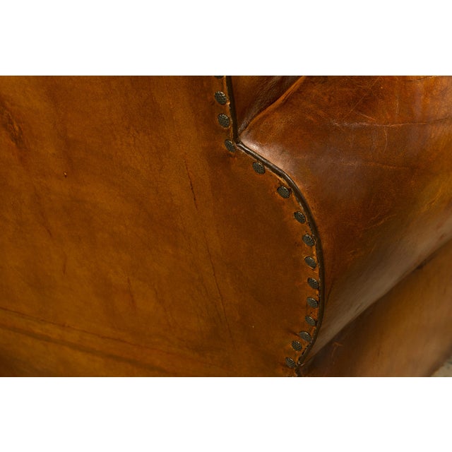 1920s French Art Deco Scalloped Back Cognac Leather Club Chairs – A Pair For Sale - Image 10 of 18