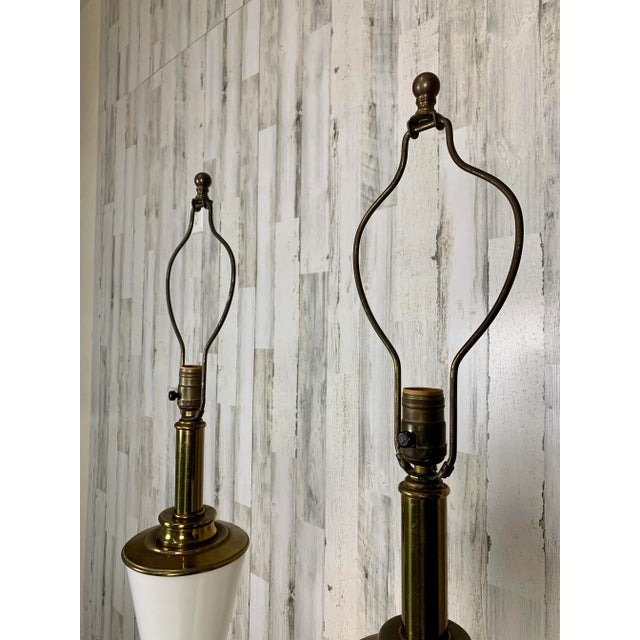 White Milk Glass and Brass Hourglass Shaped Table Lamps For Sale - Image 8 of 12