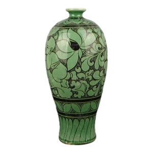 Vintage Chinese Porcelain Song Cizhou Kiln Green Glaze Porcelain Meiping Hand Carved Yingxi Pattern | Cizhou Ware Ceramic Plum Bottle