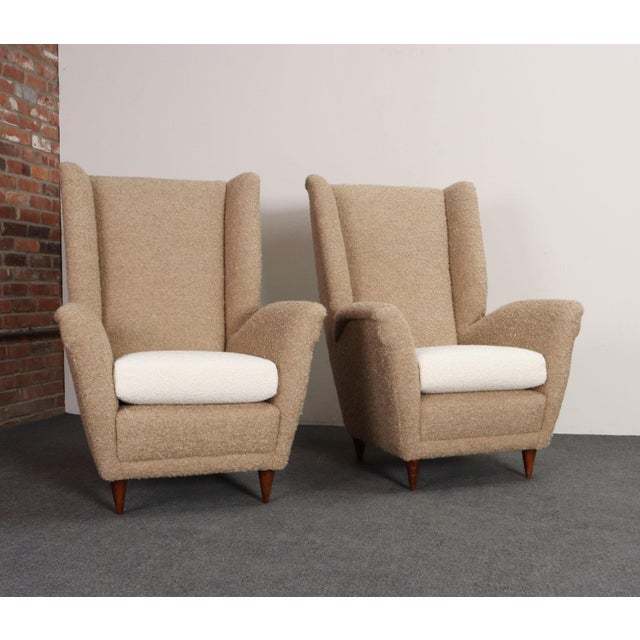Pair of Italian Modernist High Back Lounge Chairs in Two-Tone Bouclé and Walnut For Sale - Image 16 of 18