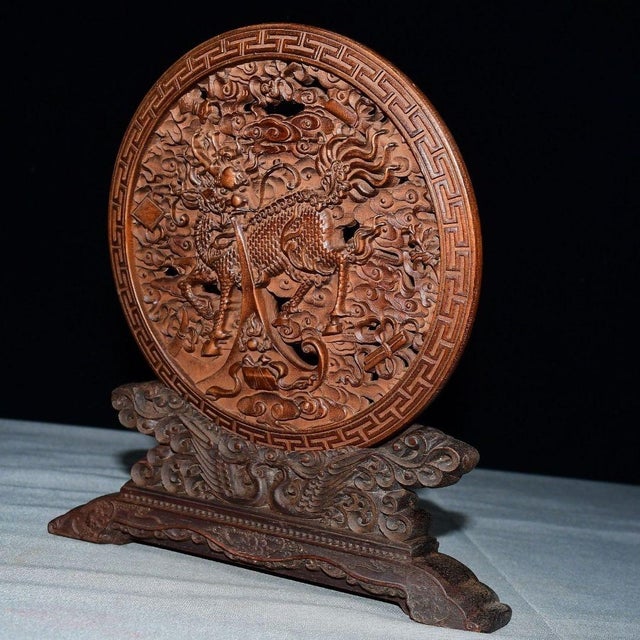 Brown Antique Miniature Round Wooden Screen, Pierced Carving of Mythical Beast For Sale - Image 8 of 8