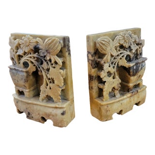 Antique Pair of Carved SoapStone Chinoiserie Book Ends For Sale