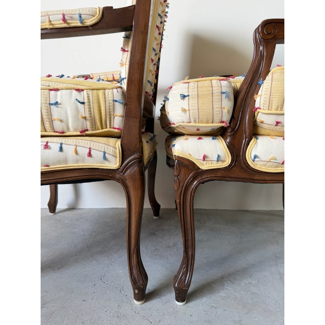 Vintage Louis XV Style French Provincial Walnut Upholstered Armchairs - A Pair For Sale - Image 16 of 17