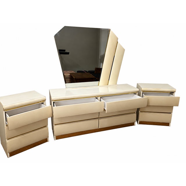 Millennium Cream Postmodern Dresser and Two Nightstands With Asymmetrical Mirror For Sale - Image 4 of 14