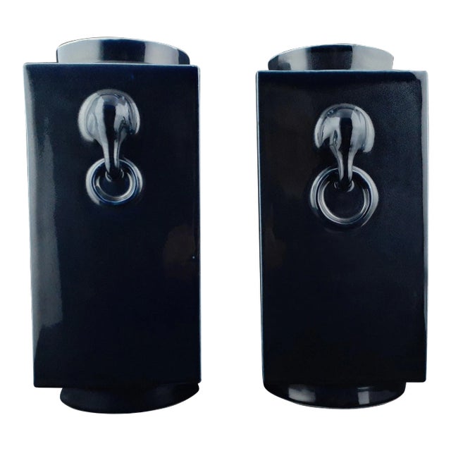 Republic of China Period Matched Pair of Chinese Porcelain, Midnight Blue, Cong Vases For Sale