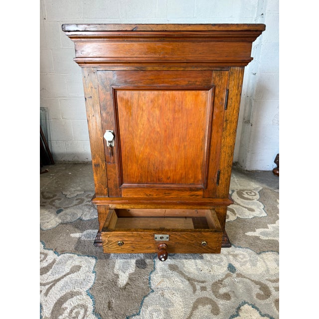 19th Century Antique Victorian Style One Door One Drawer Pedestal Cabinet With Porcelain Hardware and Key For Sale - Image 16 of 17