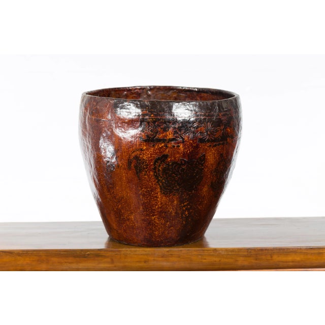 Thai Vintage Brown and Black Papier Mâché Basket with Floral Friezes For Sale - Image 11 of 13