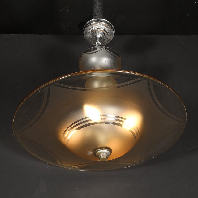 1930s Art Deco Signed Daum Frosted Rose-Hue Saucer-Form Pendant Chandelier For Sale - Image 16 of 18