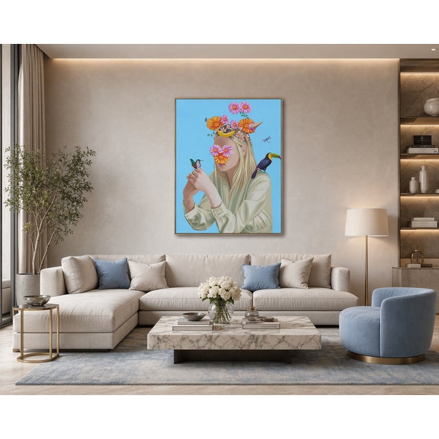 Contemporary Hummingbird and Flowers, Painting by Carlos Gamez De Francisco For Sale - Image 3 of 3