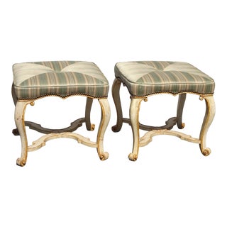 Vintage French Provincial Green Stripped Footstools - a Pair For Sale