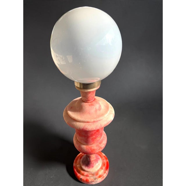 Hollywood Regency Italian Hand-Carved Pink Alabaster Urn Lamp with White Opaline Glass Shade, 1970s For Sale - Image 3 of 10