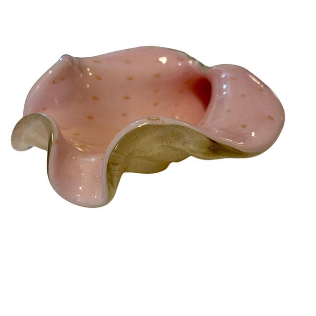 Mid-Century Modern Mid-Century Murano Pink & Gold Aventurine Bullicante Glass Conch Shell Dish For Sale - Image 3 of 8