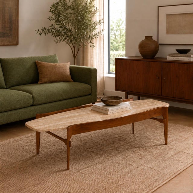 Contemporary 1950s Organic Modern Walnut & Travertine Floating Coffee Table by Bertha Schaefer Singer & Sons For Sale - Image 3 of 4