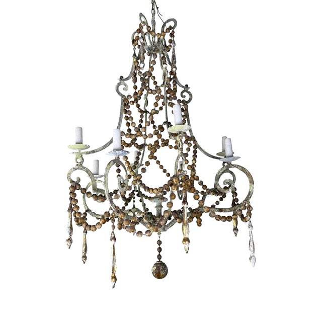 French Provençal Painted Iron Chandelier With Wooden Bead Garlands For Sale