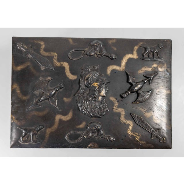 19th or 20th Century Silver Metal Jewelry Box With Dog and Arms Appliques For Sale - Image 9 of 14