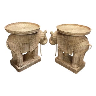 Pair of Vintage Woven Wicker Elephant Side Tables For Sale