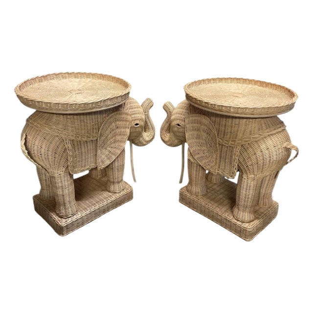 Pair of Vintage Woven Wicker Elephant Side Tables For Sale