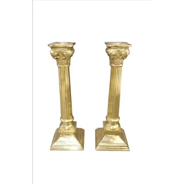 Metal Pair of 1980s Solid Brass Ornate Neoclassical Corinthian Column Candle Holders For Sale - Image 7 of 7