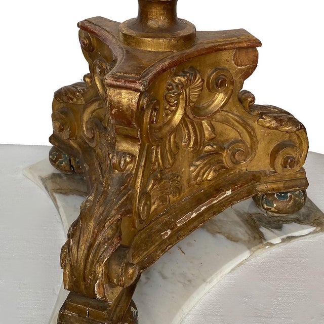 Large Spanish Baroque Giltwood and Marble Torchiere Two-Light Floor Lamp For Sale - Image 12 of 17