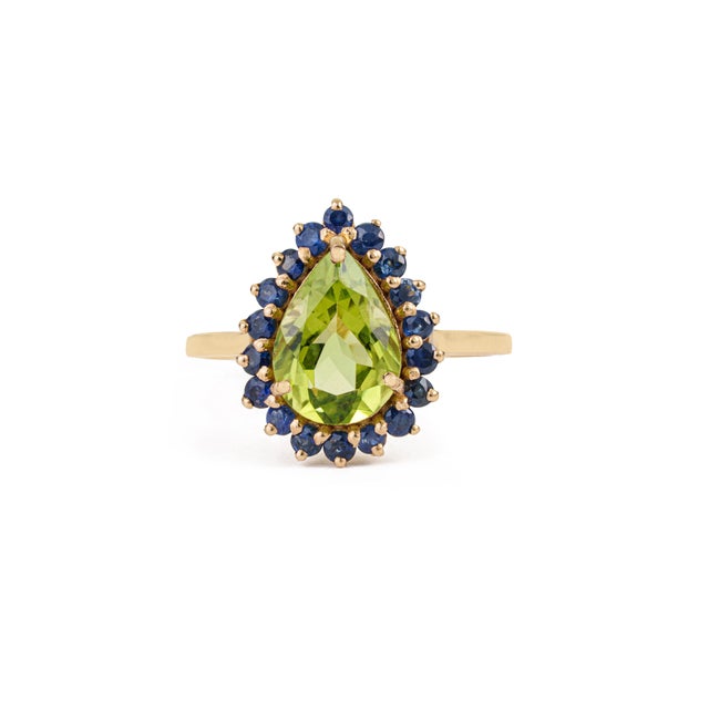 VR Jewels Peridot Blue Sapphire Halo Green 14k Gold Ring Size 8, Fine Jewelry by VRJewels For Sale - Image 4 of 18