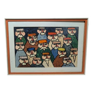 Jovan Obican "Group of Men" c.1965 Folk Art Painting For Sale