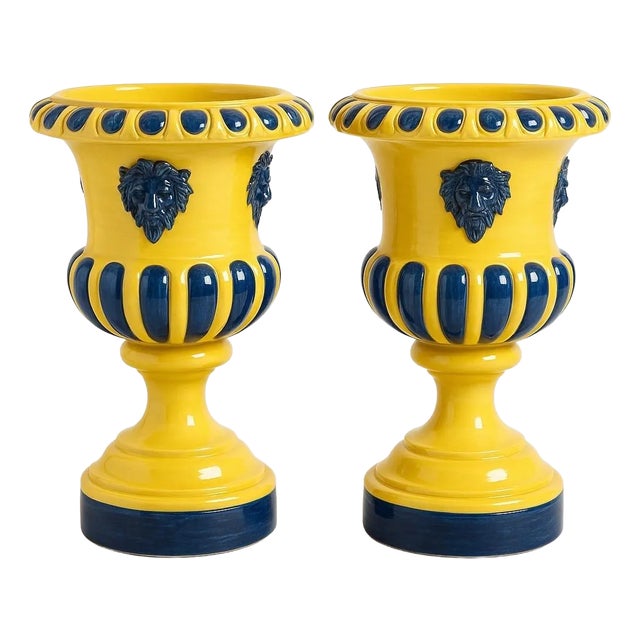 Pair of Italian Hand Painted Lion Head Neoclassic Yellow Urns For Sale