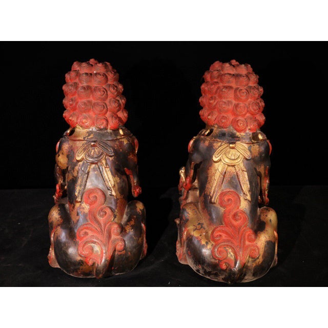 Metal Monumental Pair of Vintage Gilt Bronze & Cinnabar Guardian Lions – Large Temple Foo Dogs For Sale - Image 7 of 12