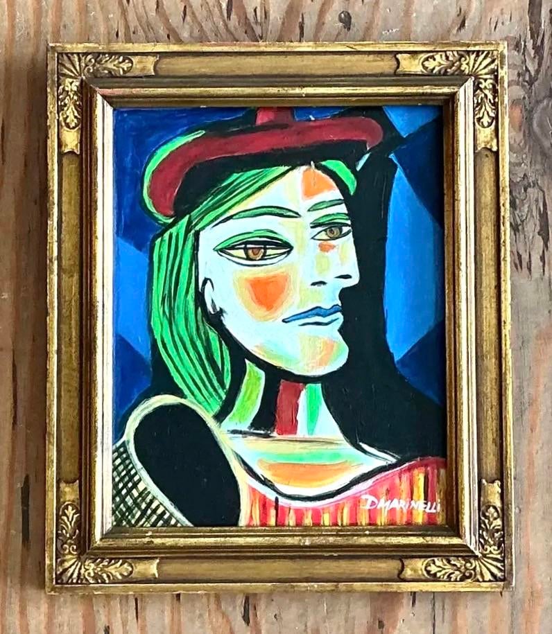 Vintage Cubist Figurative Oil on Board After Picasso - Detail view