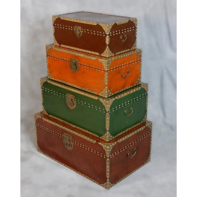 1980s 1980s Exotic Brass Nail Head & Enameled Wood Nesting Trunks or Chests For Sale - Image 5 of 12
