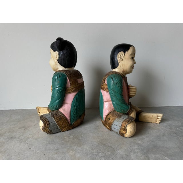 Pink Vintage Asian Hand Carved Wood and Painted Seated Children Sculptures - a Pair For Sale - Image 8 of 12