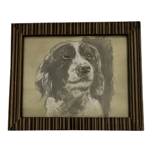 Contemporary Original Stephen Heigh Spaniel Dog Charcoal/Pastel Illustration Stripped Wood Frame