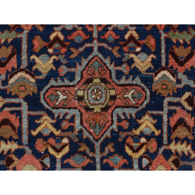 1900 - 1909 1900 4'6"x5'6" Blue Antique Persian Heriz Hand Knotted Wool Worn Down Oriental Rug For Sale - Image 5 of 8