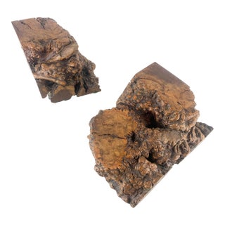 Large Vintage Pair Unique Burl Wood Carved Sculptural Book Ends Mid Century MCM For Sale