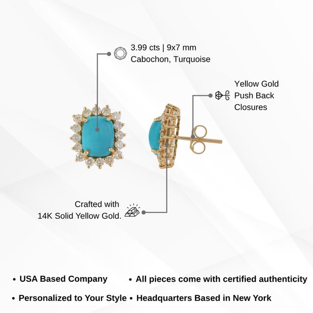 4ct Cushion Cut Natural Turquoise Diamond Halo Stud Earrings in 14k Yellow Gold- 2 Pieces For Sale - Image 12 of 16