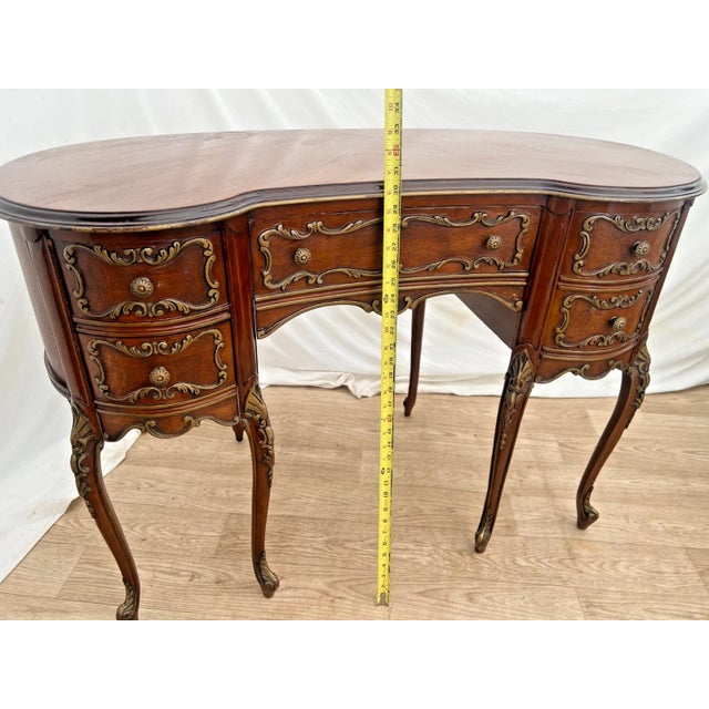 Vintage French Desk Kidney Shaped Vanity Four Carved Drawers Petite Size For Sale - Image 11 of 12